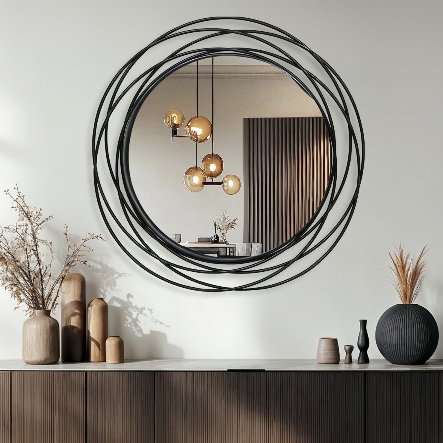 80CM Black Metal Wire Frame Round Wall Mirror Art Mirror fr Home Decor