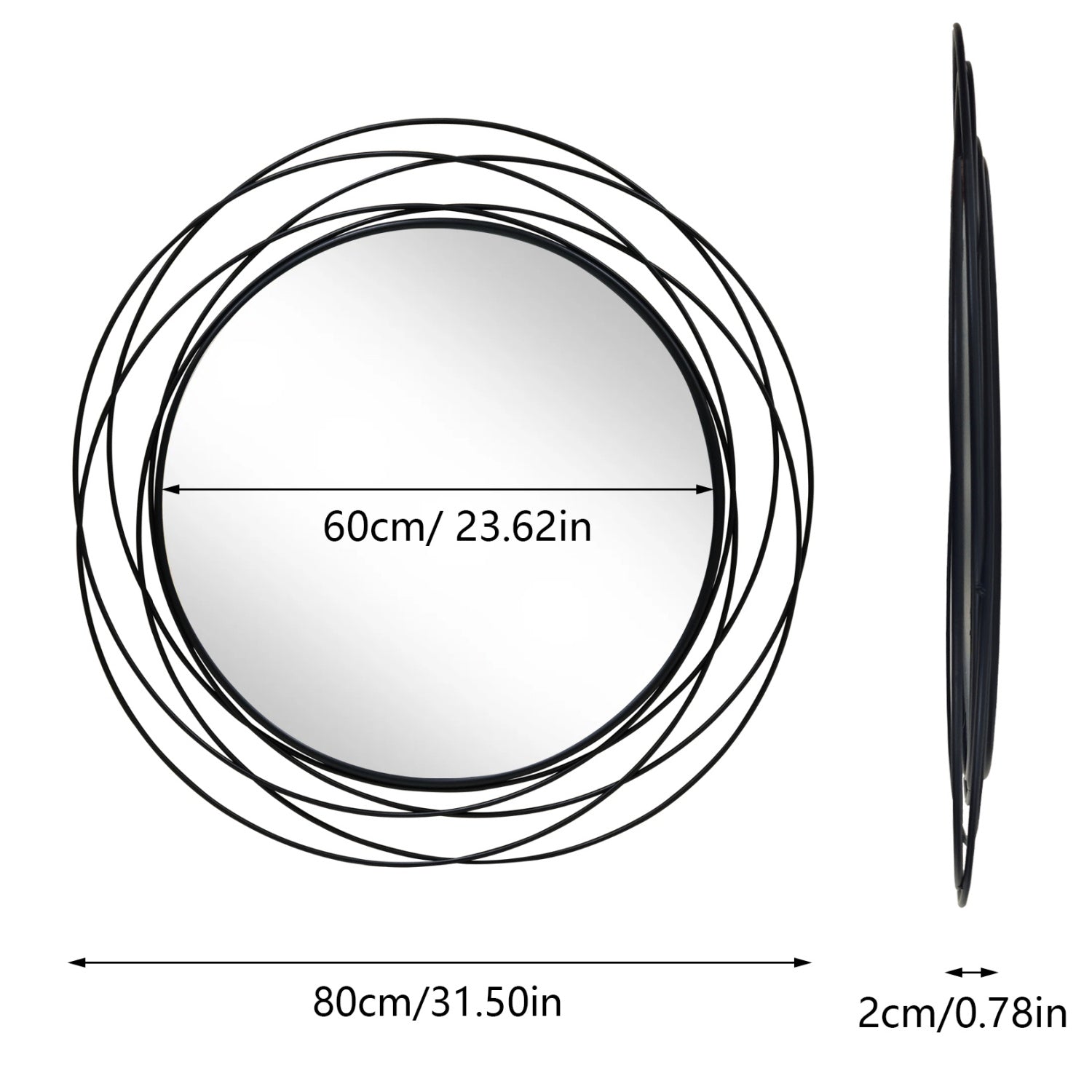80CM Black Metal Wire Frame Round Wall Mirror Art Mirror fr Home Decor