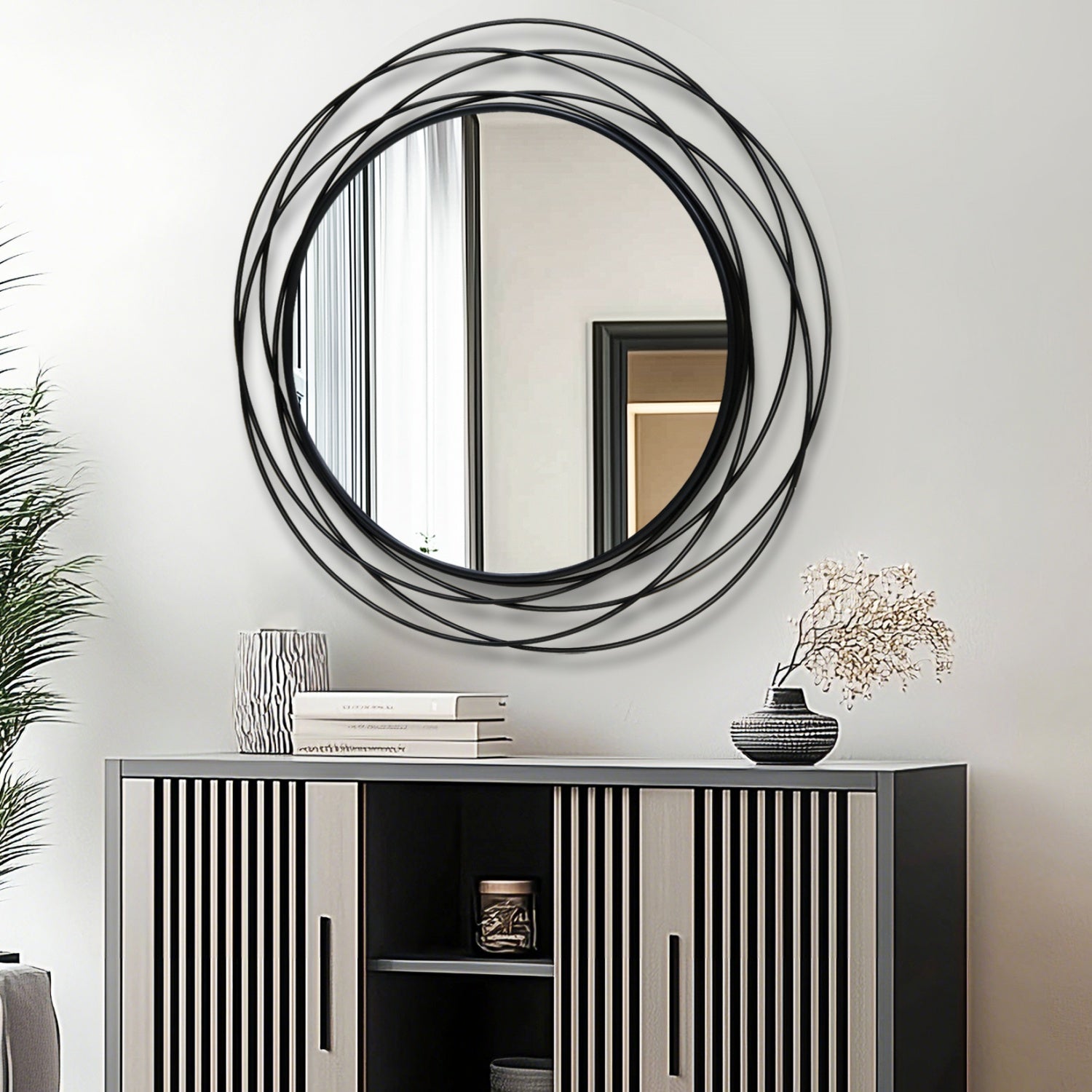 80CM Black Metal Wire Frame Round Wall Mirror Art Mirror fr Home Decor