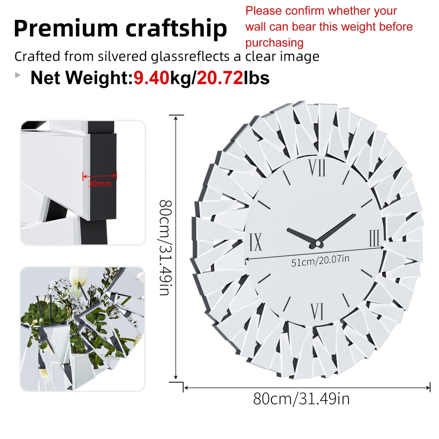 80CM Decorative Wall Clock Silver Clock Silent Movement Glass Clocks