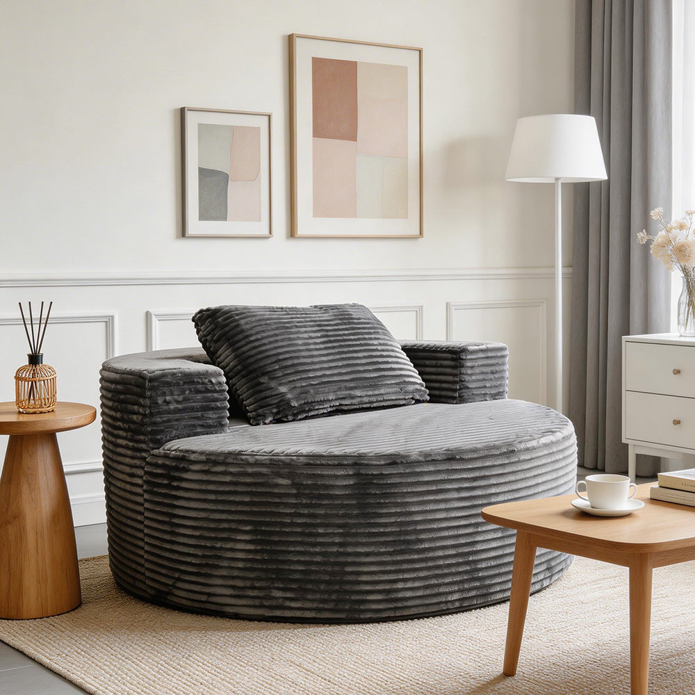 Modern Lazy Sofa with 3 Backrest Pillows, Corduroy, Round, Grey