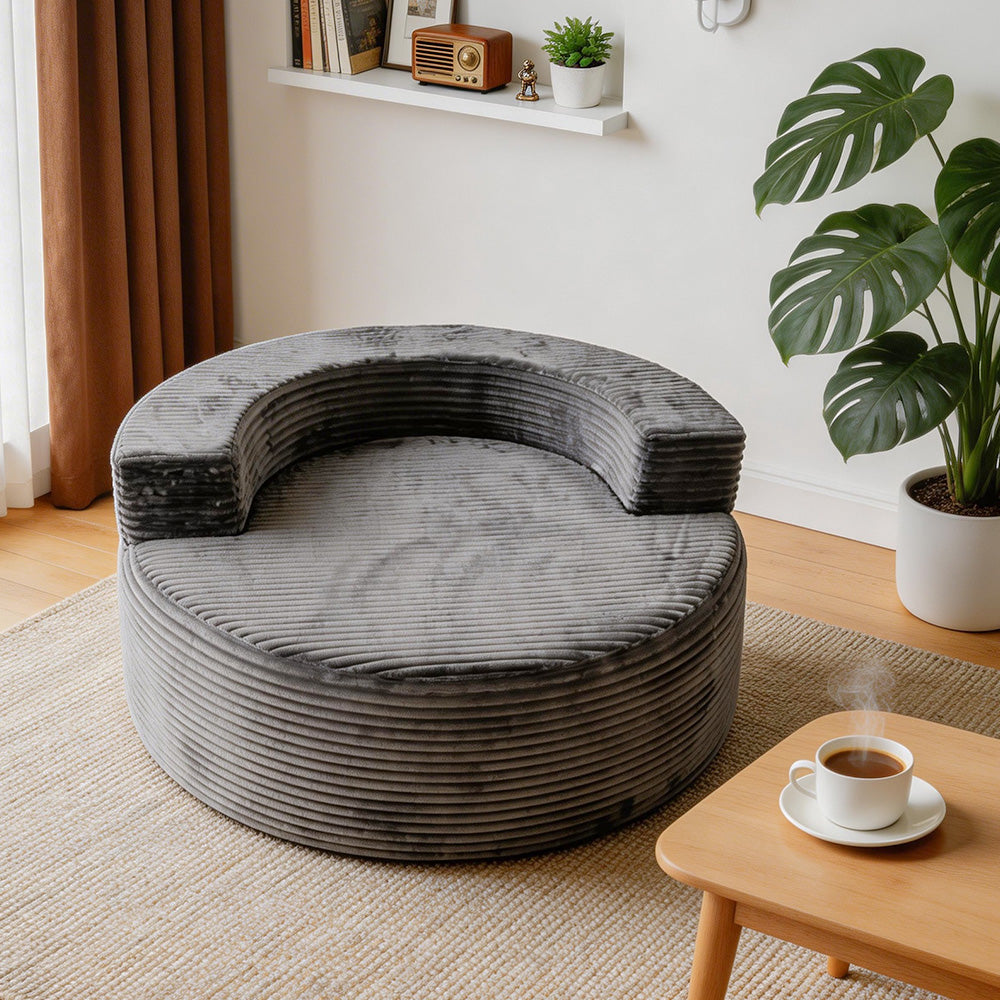 Modern Lazy Sofa with 3 Backrest Pillows, Corduroy, Round, Grey