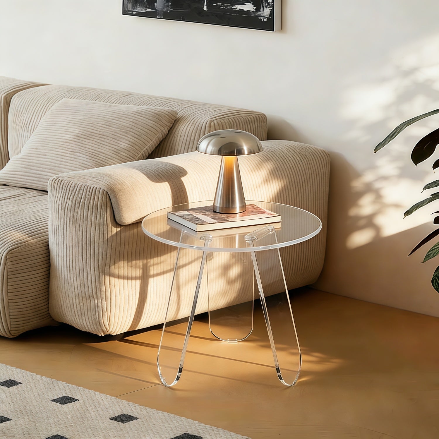 Clear Acrylic End Table Round Side Table Triangular Base Living Room