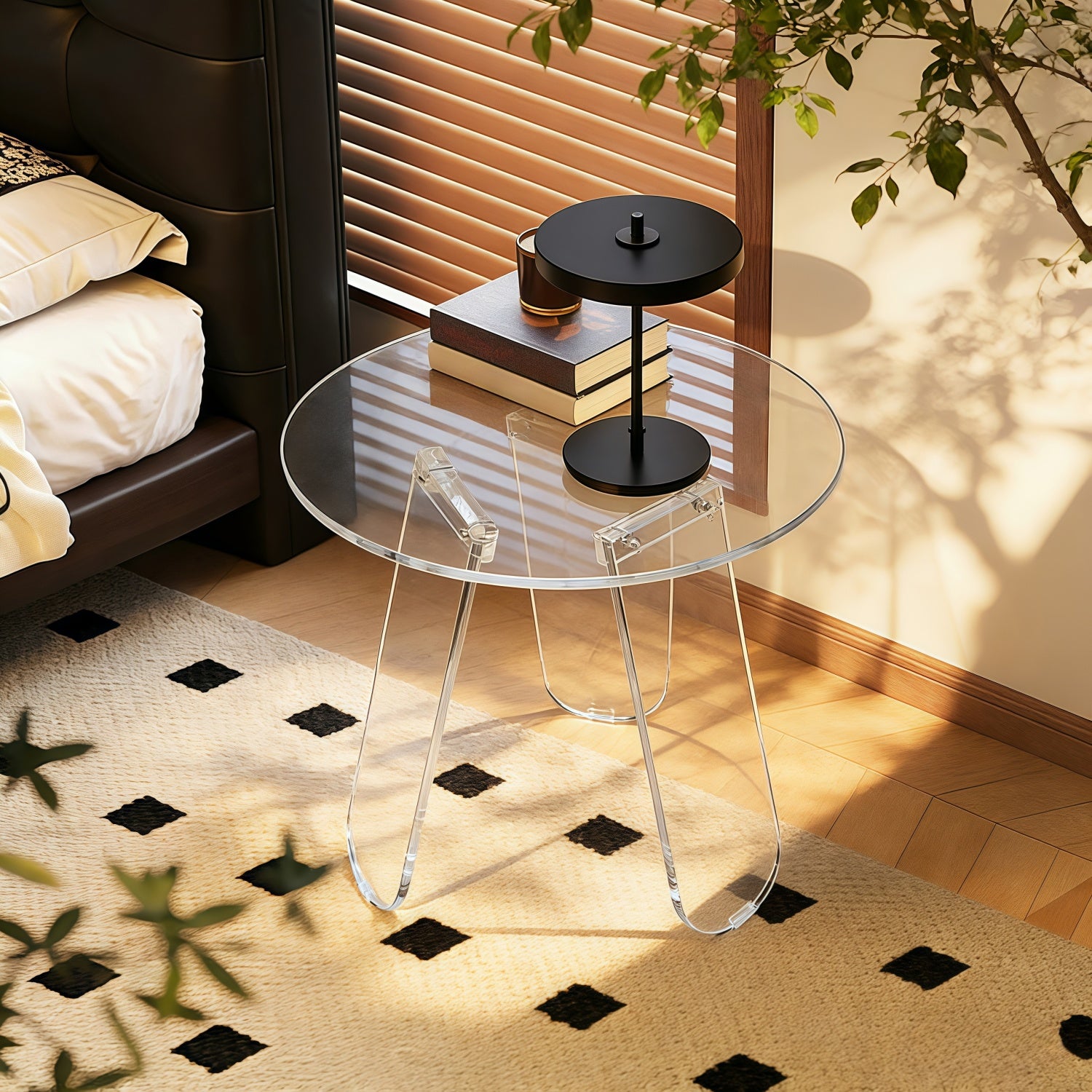 Clear Acrylic End Table Round Side Table Triangular Base Living Room