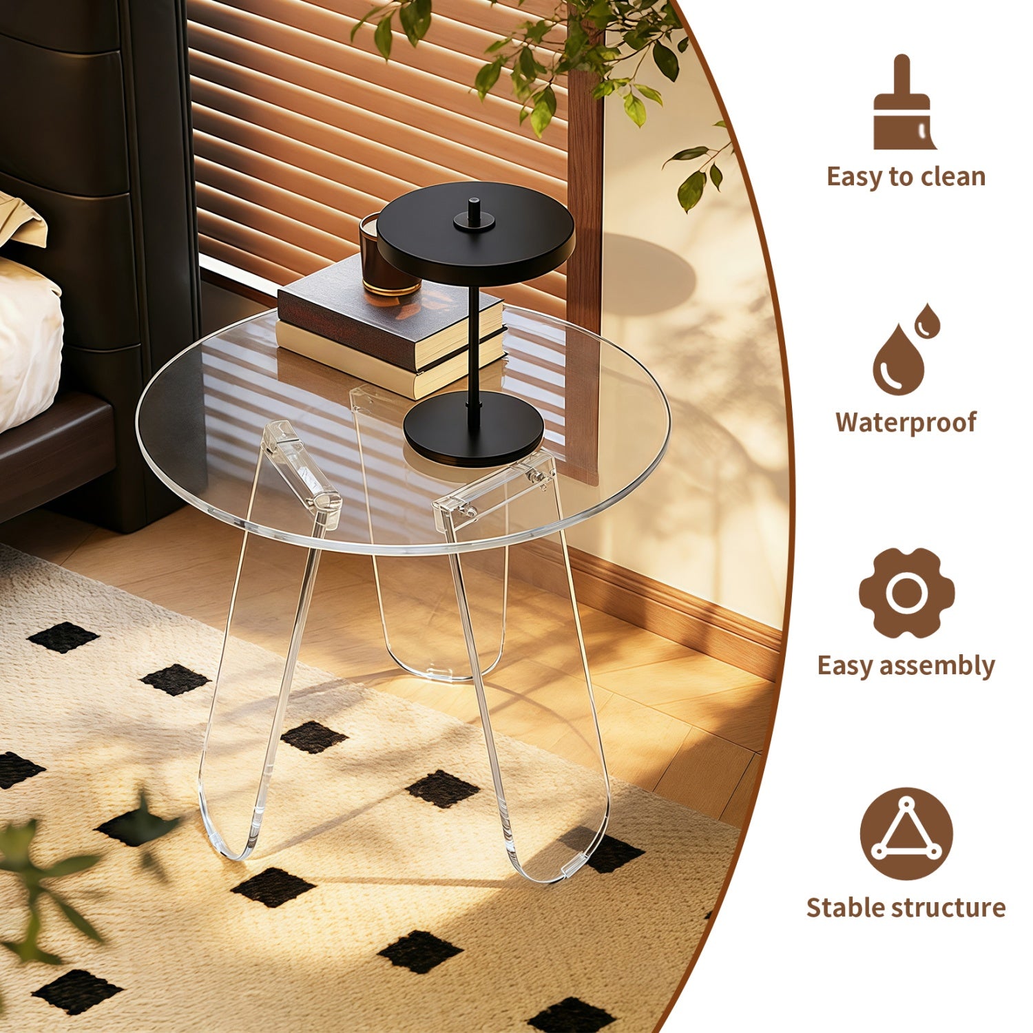Clear Acrylic End Table Round Side Table Triangular Base Living Room