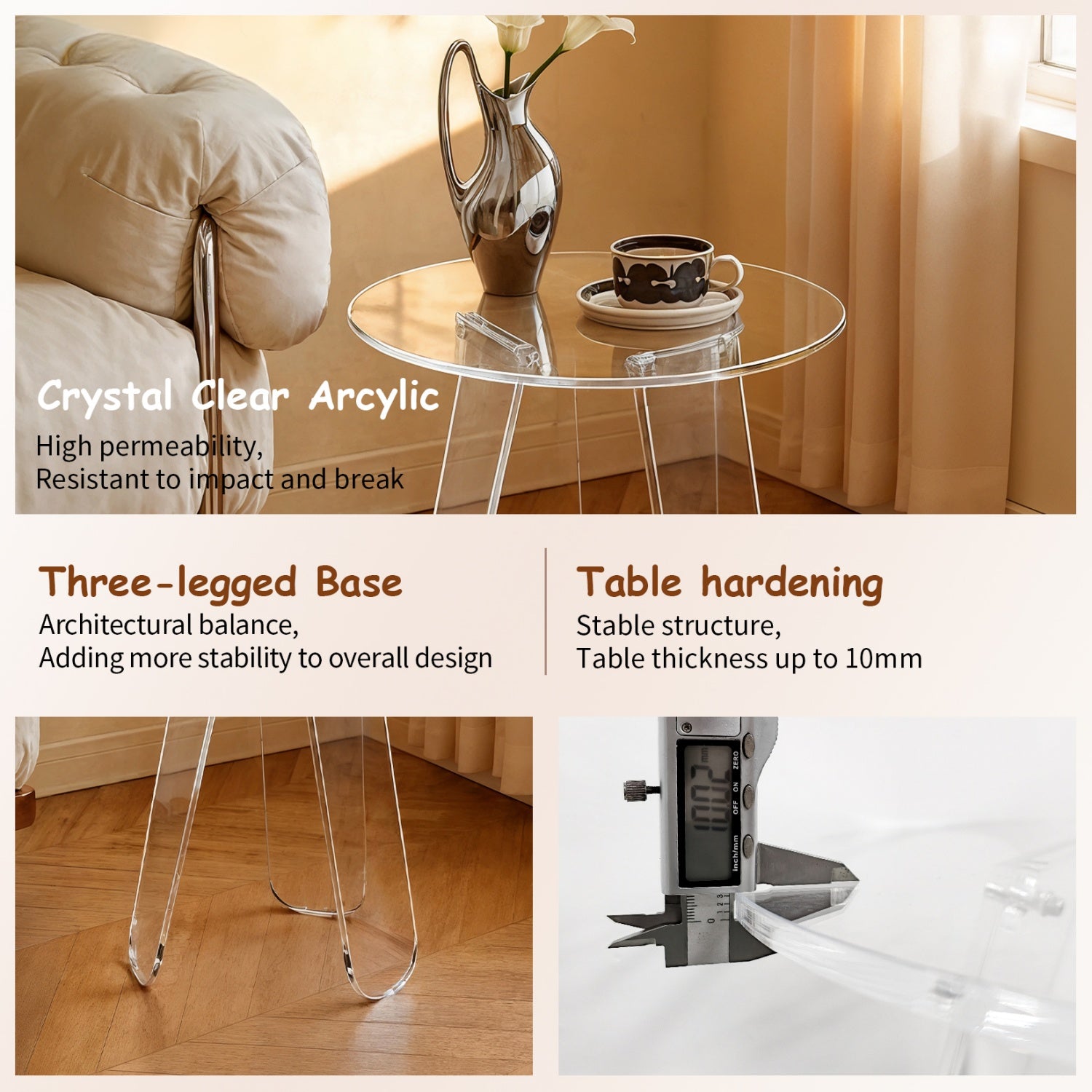 Clear Acrylic End Table Round Side Table Triangular Base Living Room