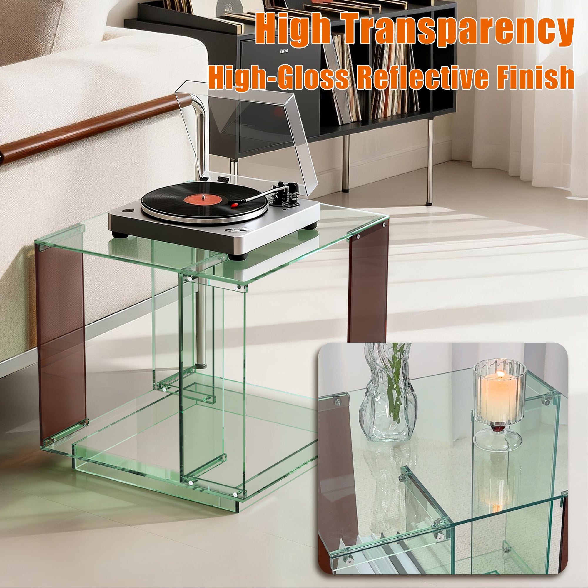 Square Acrylic End Side Table Record Player Table Nightstand for Home