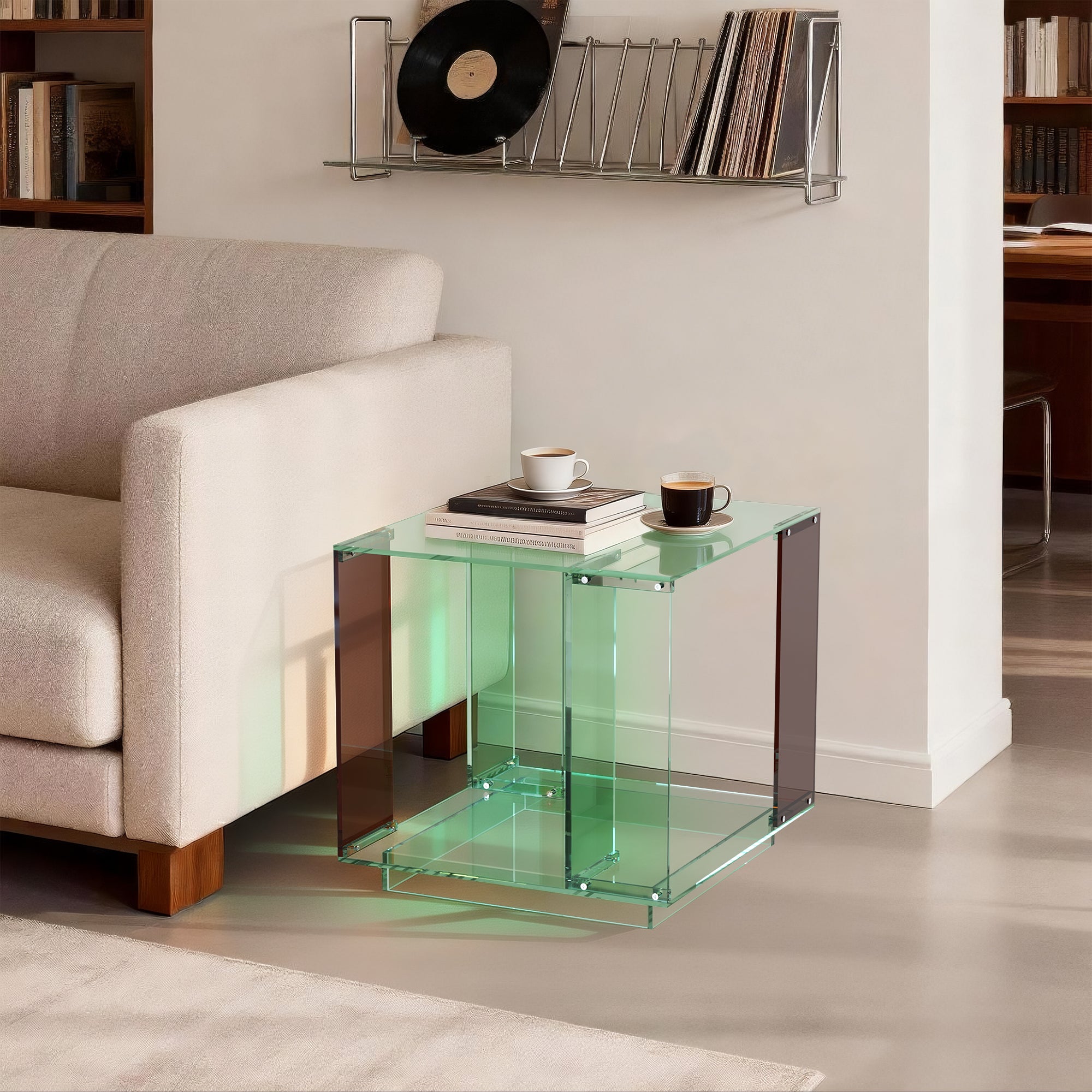 Square Acrylic End Side Table Record Player Table Nightstand for Home