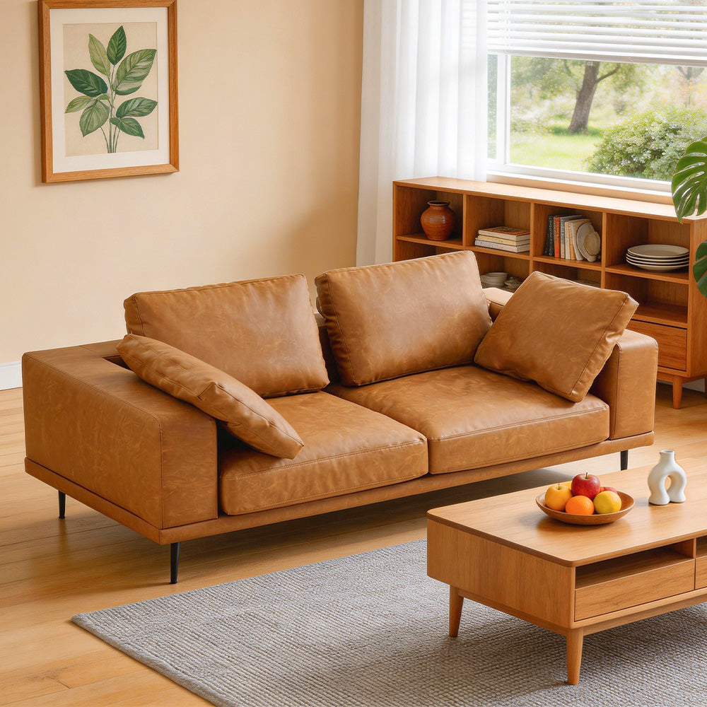 Modern Deep-Seated Sofa, Two-seater, Faux Leather, Brown