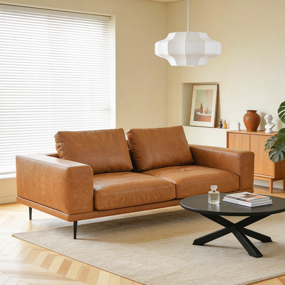 Modern Deep-Seated Sofa, Two-seater, Faux Leather, Brown