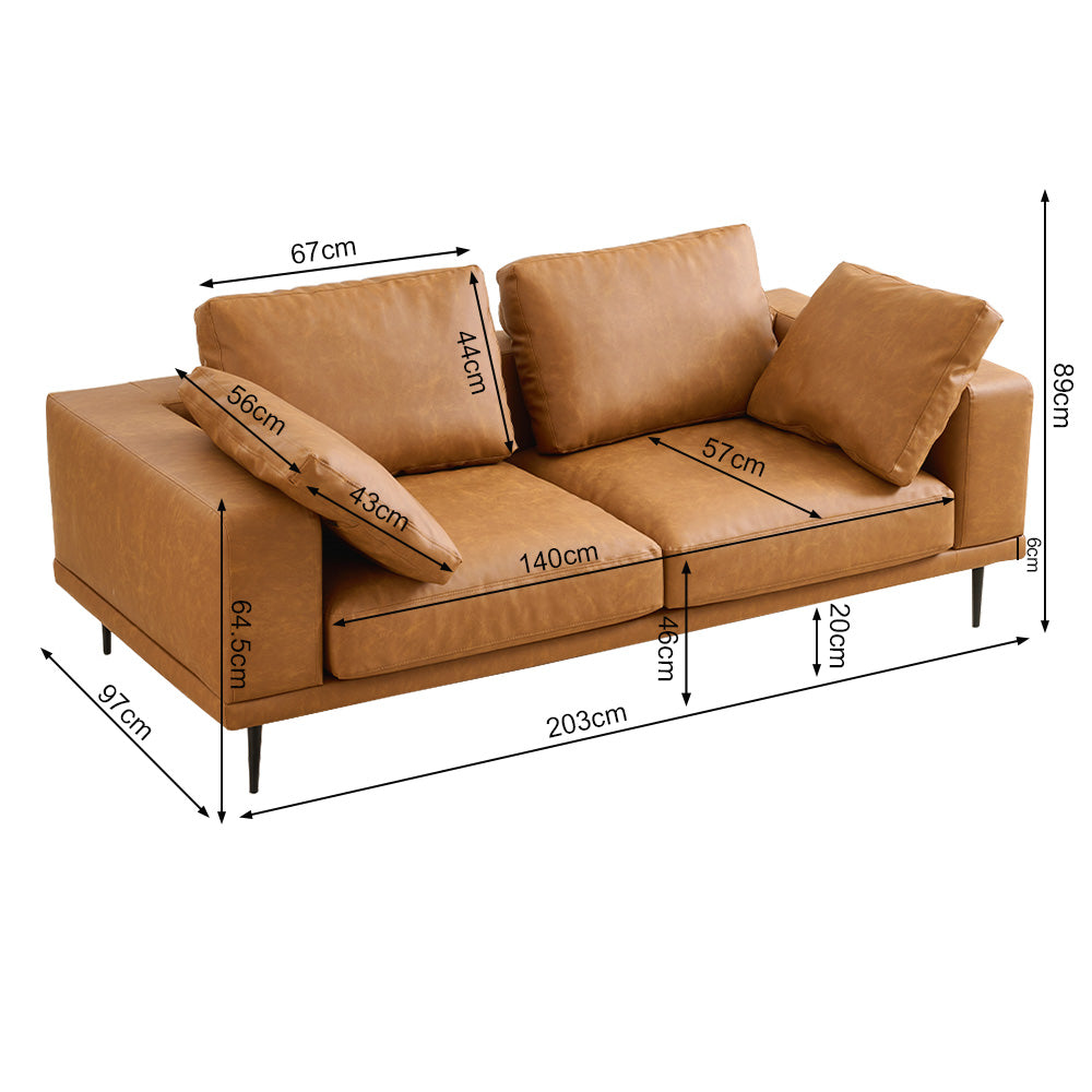Modern Deep-Seated Sofa, Two-seater, Faux Leather, Brown