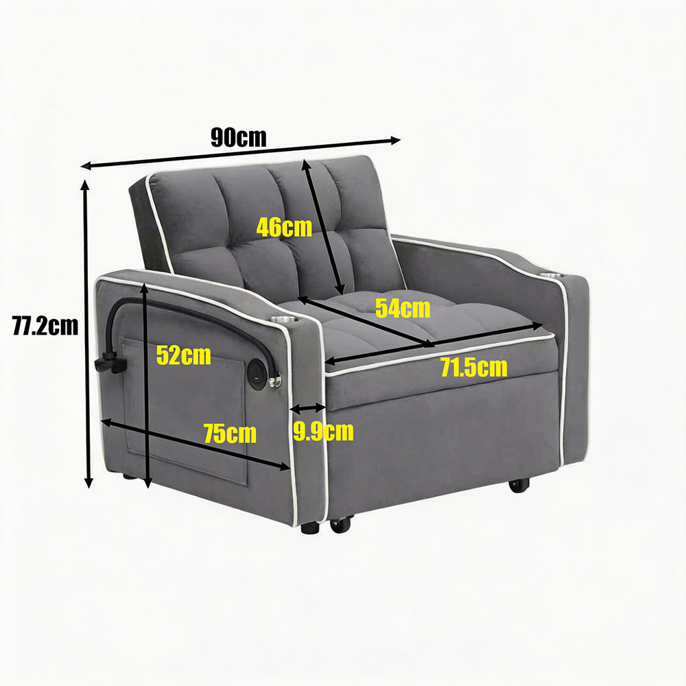 Single-seater Sofa Bed, Equipped with USB Ports and a Phone Holder