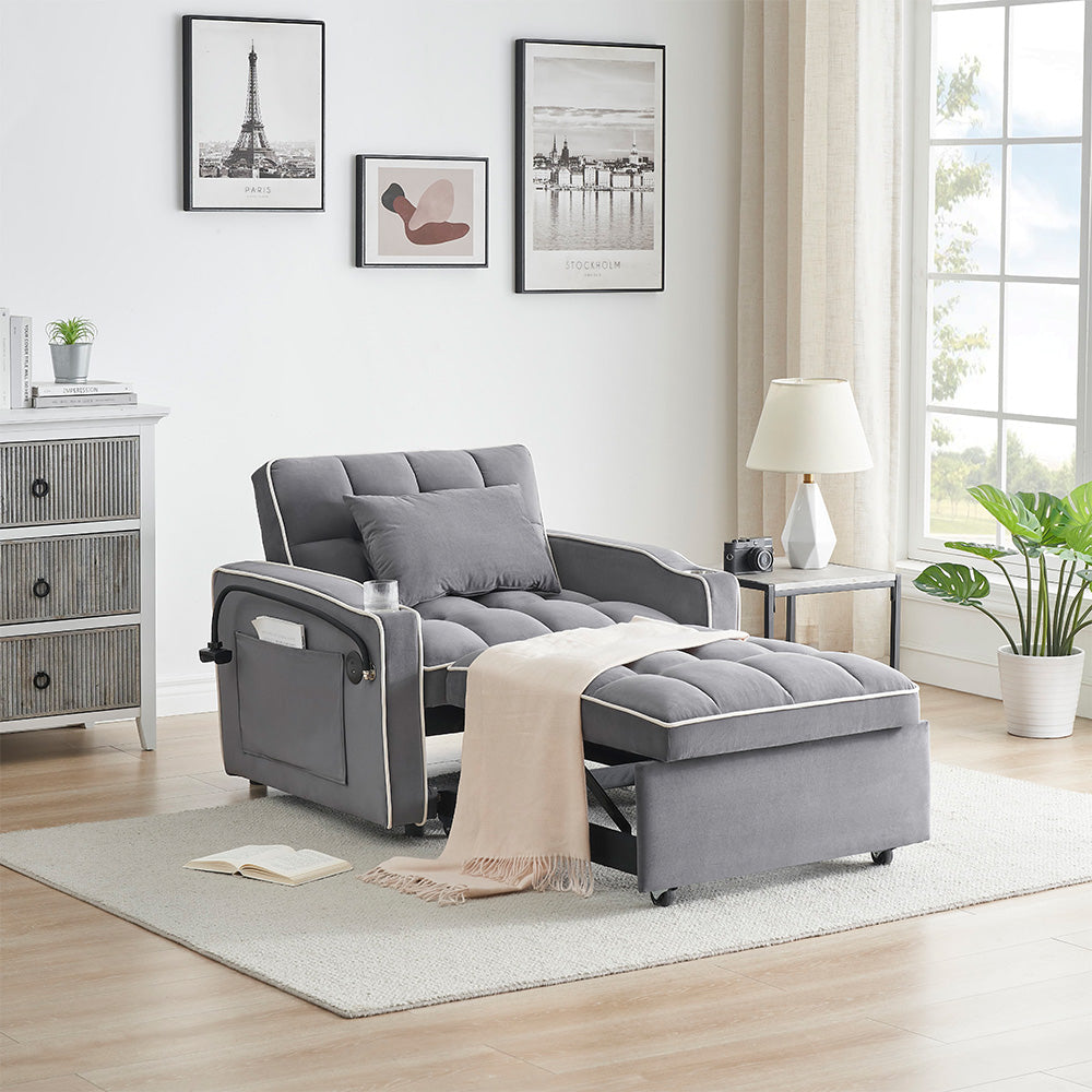 Single-seater sofa bed, equipped with USB ports and a phone holder
