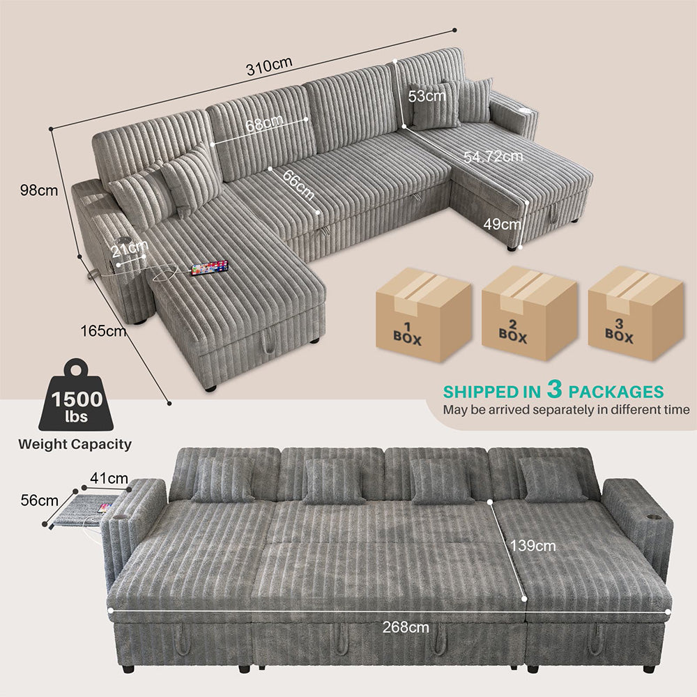 Oversized U Shaped Plush Corduroy Fluffy Sectional Sleeper Sofa