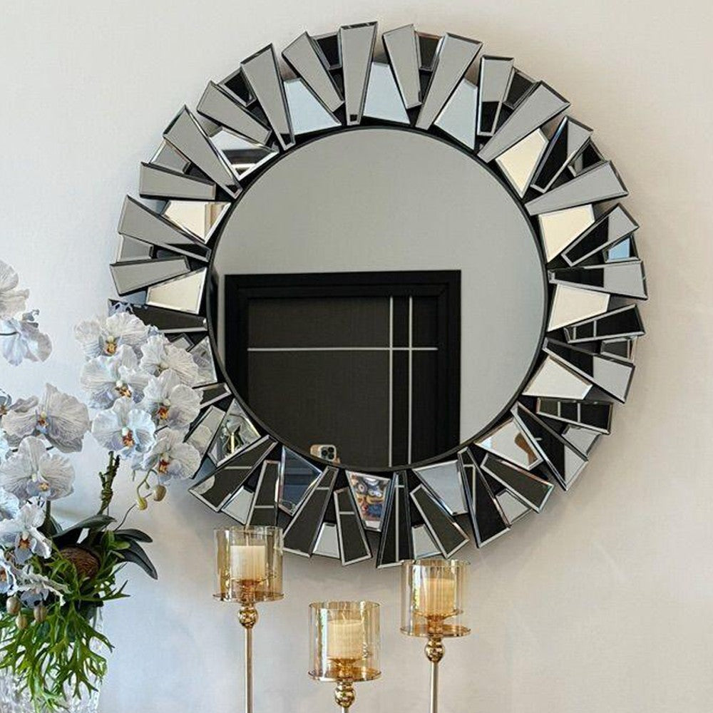 79CM Modern Round Wall Decor Mirror Silver Glass Sunburst Accent Mirro
