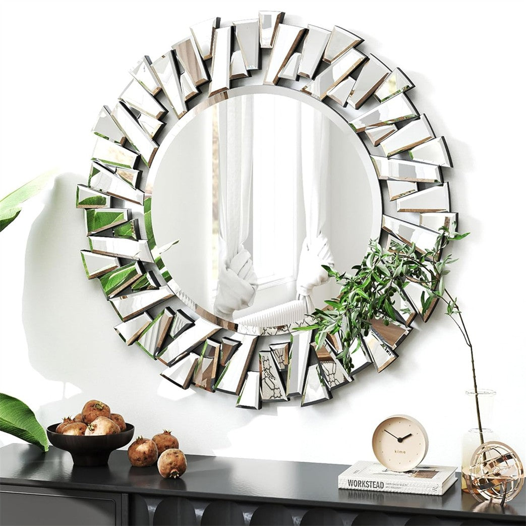 79CM Modern Round Wall Decor Mirror Silver Glass Sunburst Accent Mirro