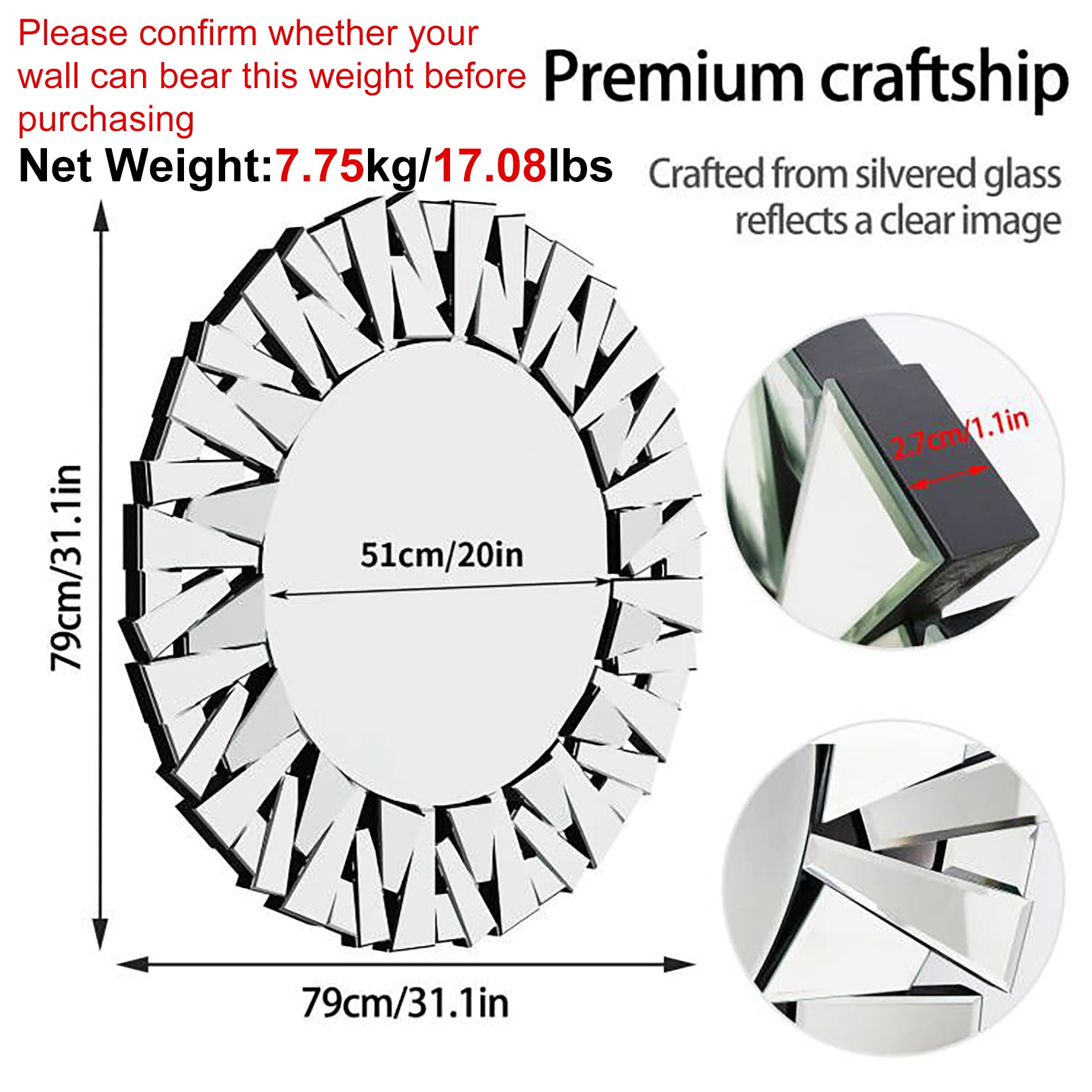 79CM Modern Round Wall Decor Mirror Silver Glass Sunburst Accent Mirro