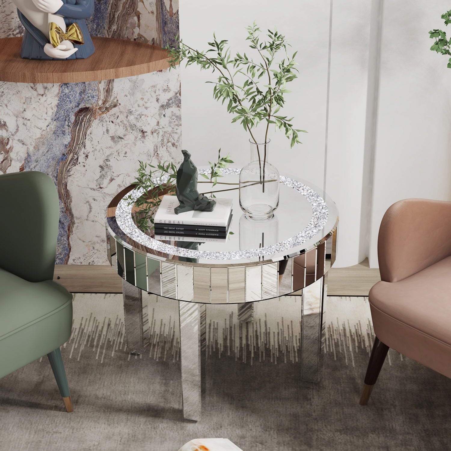 Round Silver Mirrored Coffee Table Glass Center Table Home Furnituer