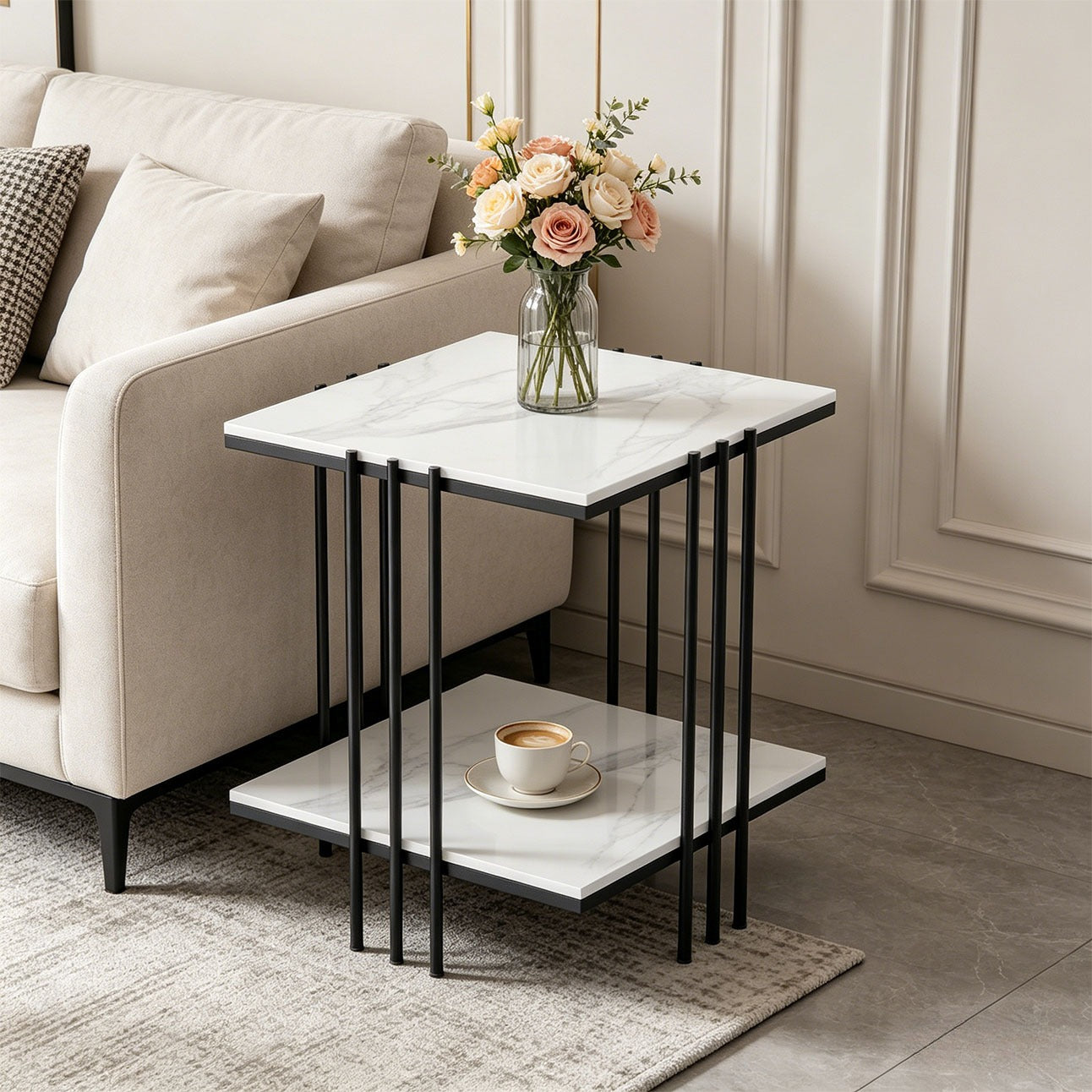 2 Tier Square Sofa End Side Table Sintered Stone Top Coffee Table