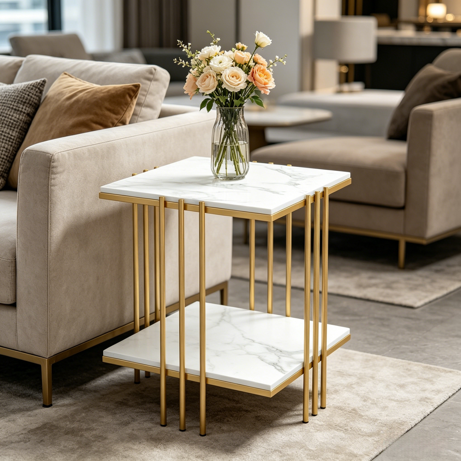 2 Tier Square Sofa End Side Table Sintered Stone Top Coffee Table