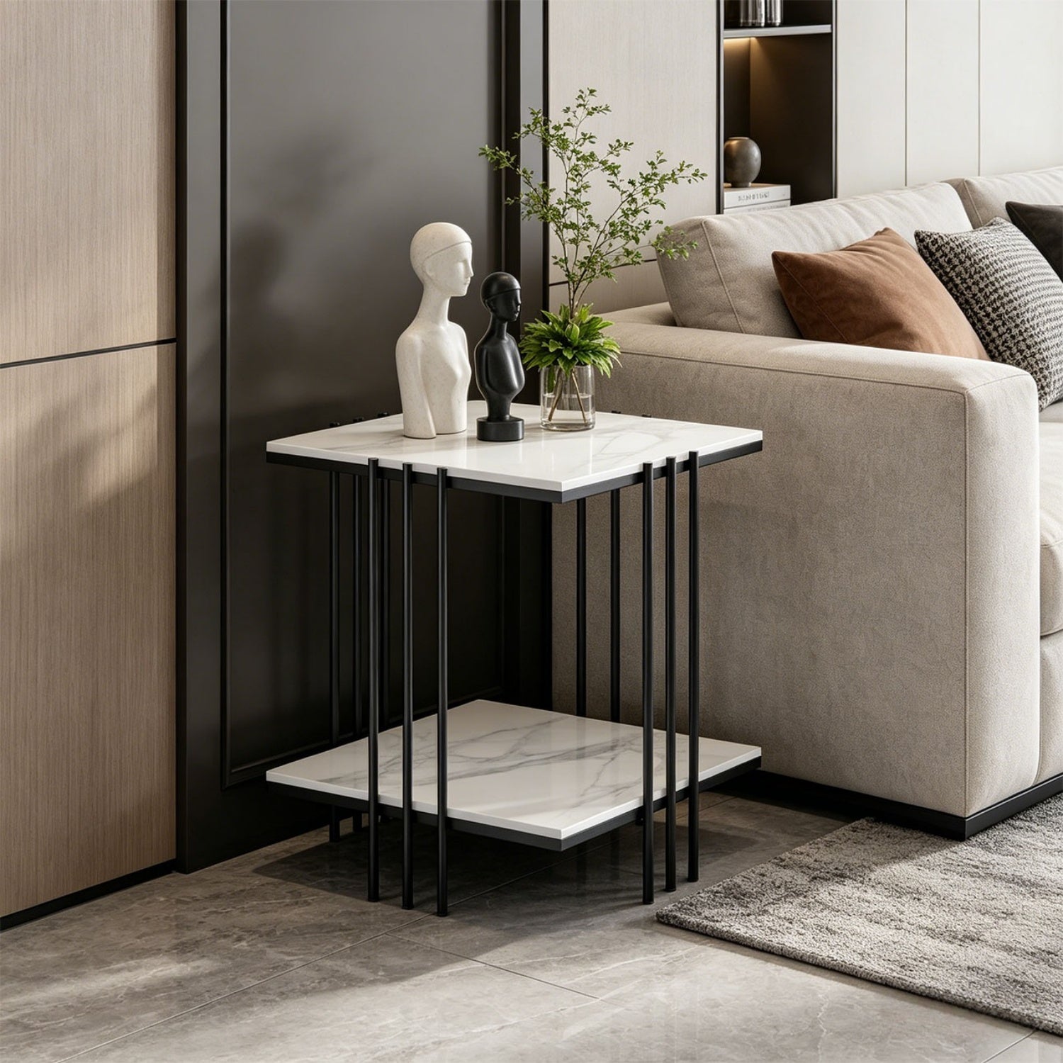 2 Tier Square Sofa End Side Table Sintered Stone Top Coffee Table