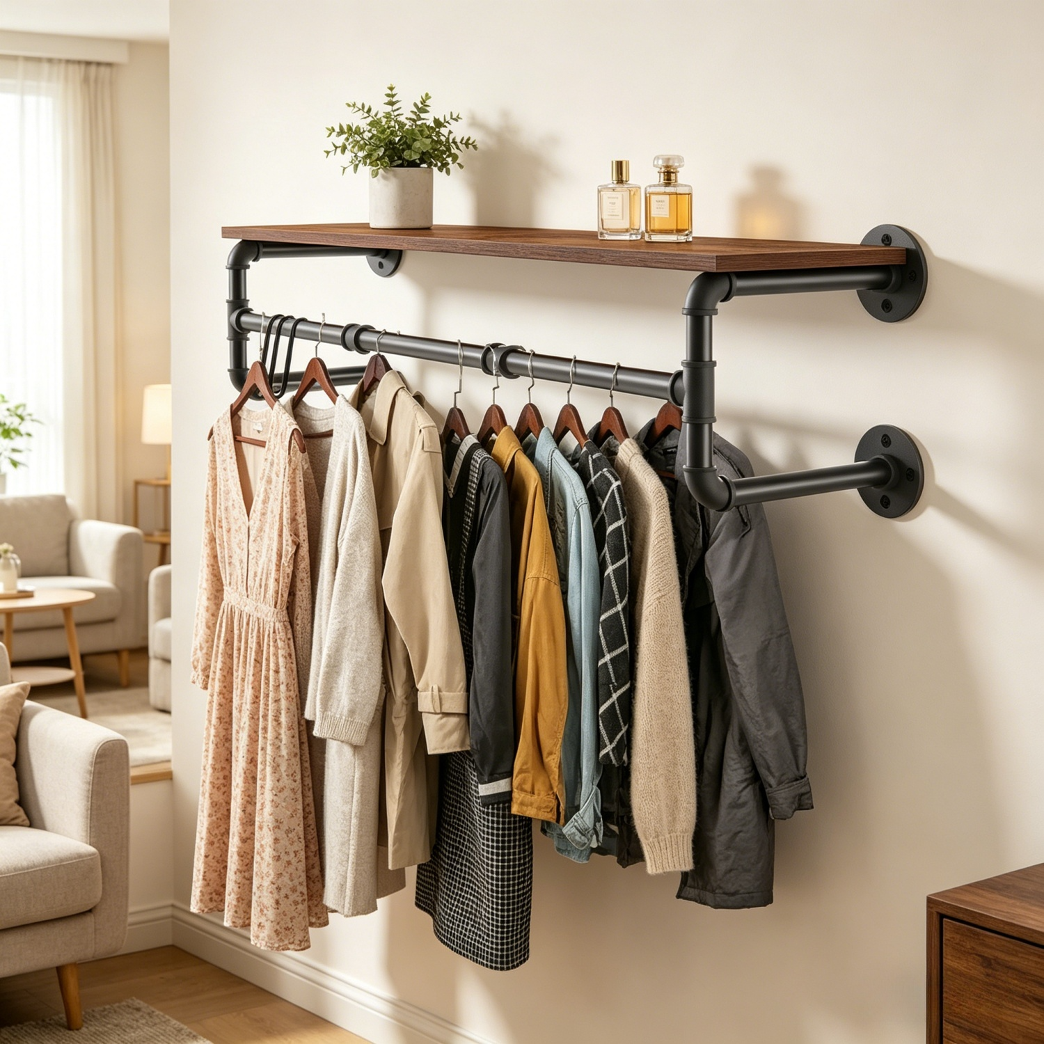 Metal Pipe Garment Rack w/ Wood Shelf Wall Clothing Rack Hanging Rail