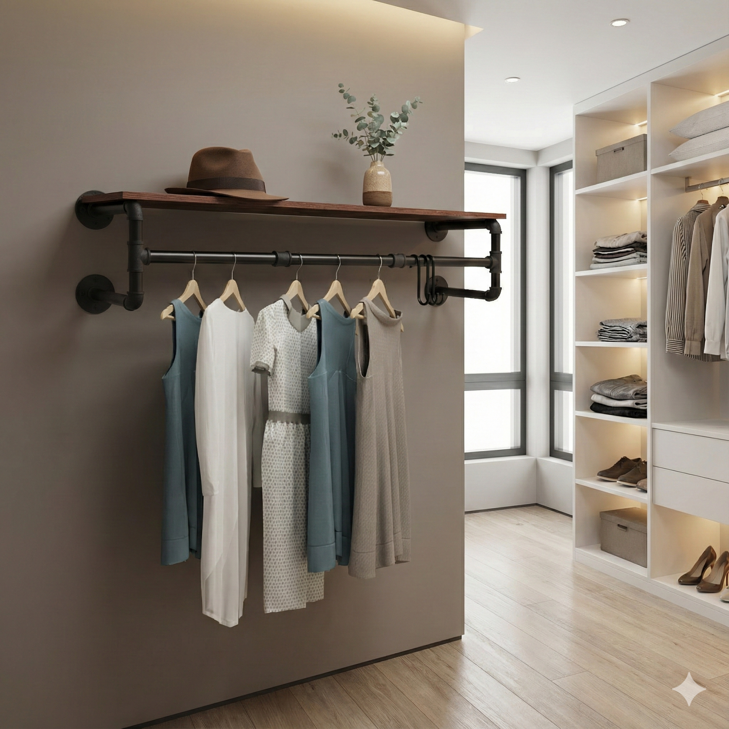 Metal Pipe Garment Rack w/ Wood Shelf Wall Clothing Rack Hanging Rail