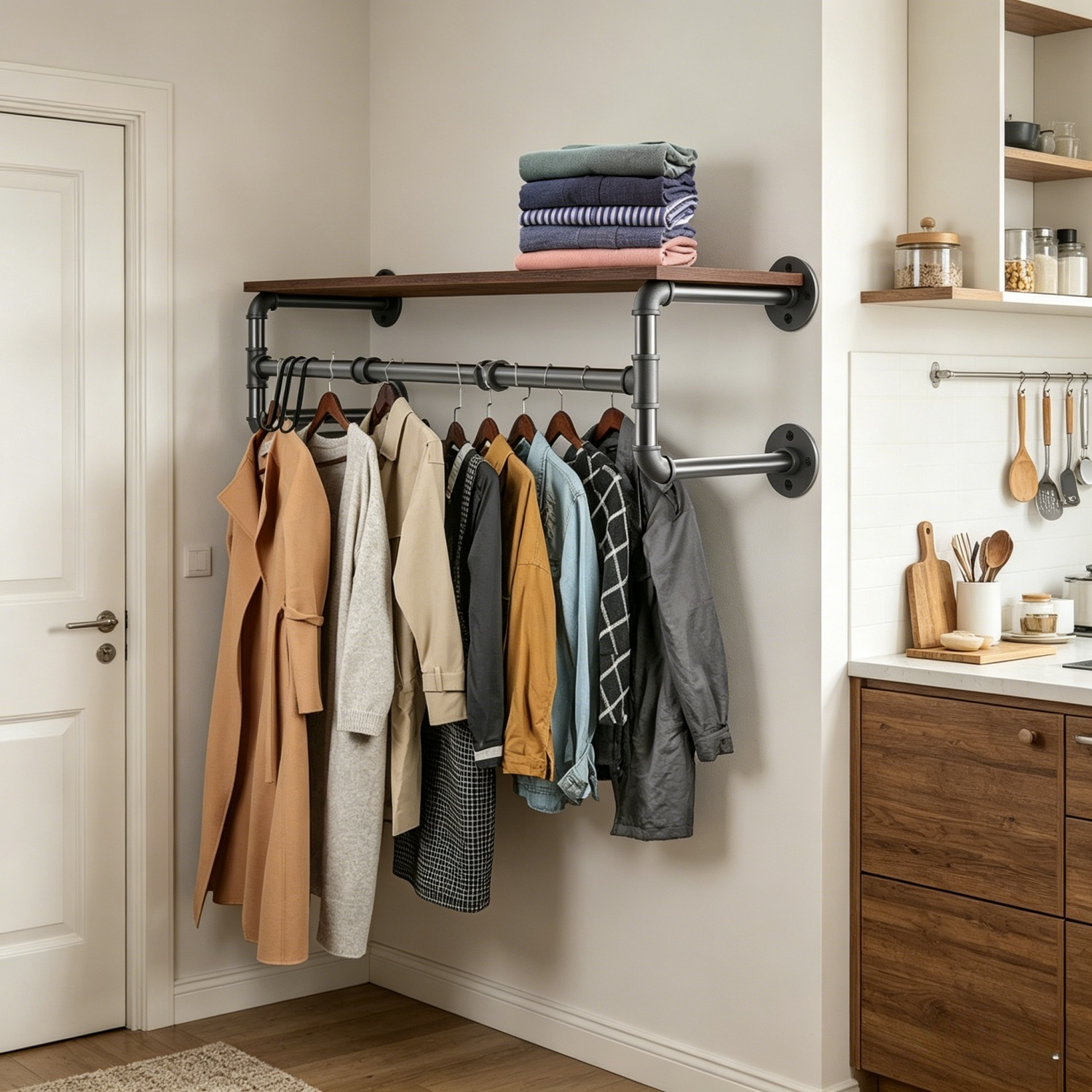 Metal Pipe Garment Rack w/ Wood Shelf Wall Clothing Rack Hanging Rail