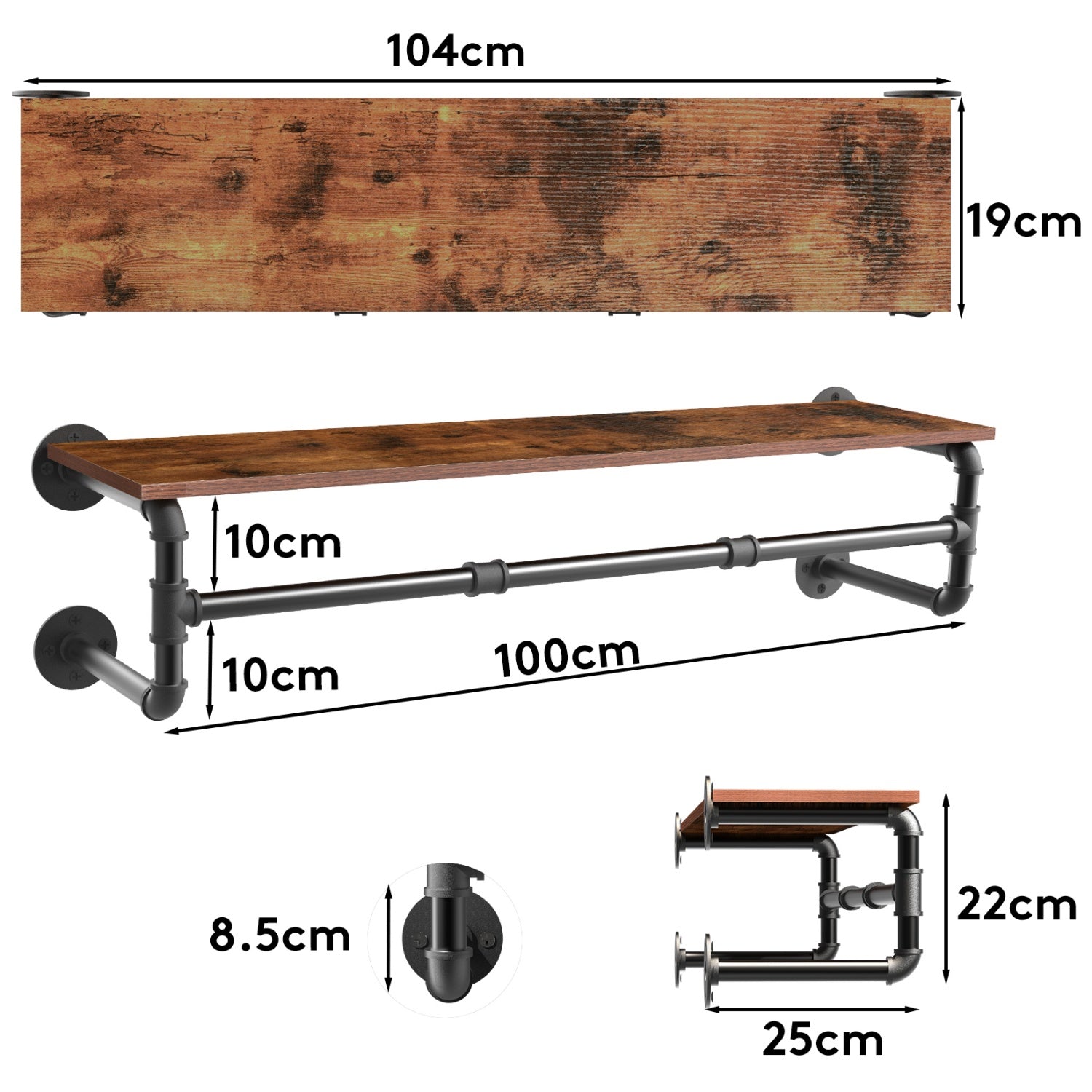 Metal Pipe Garment Rack w/ Wood Shelf Wall Clothing Rack Hanging Rail