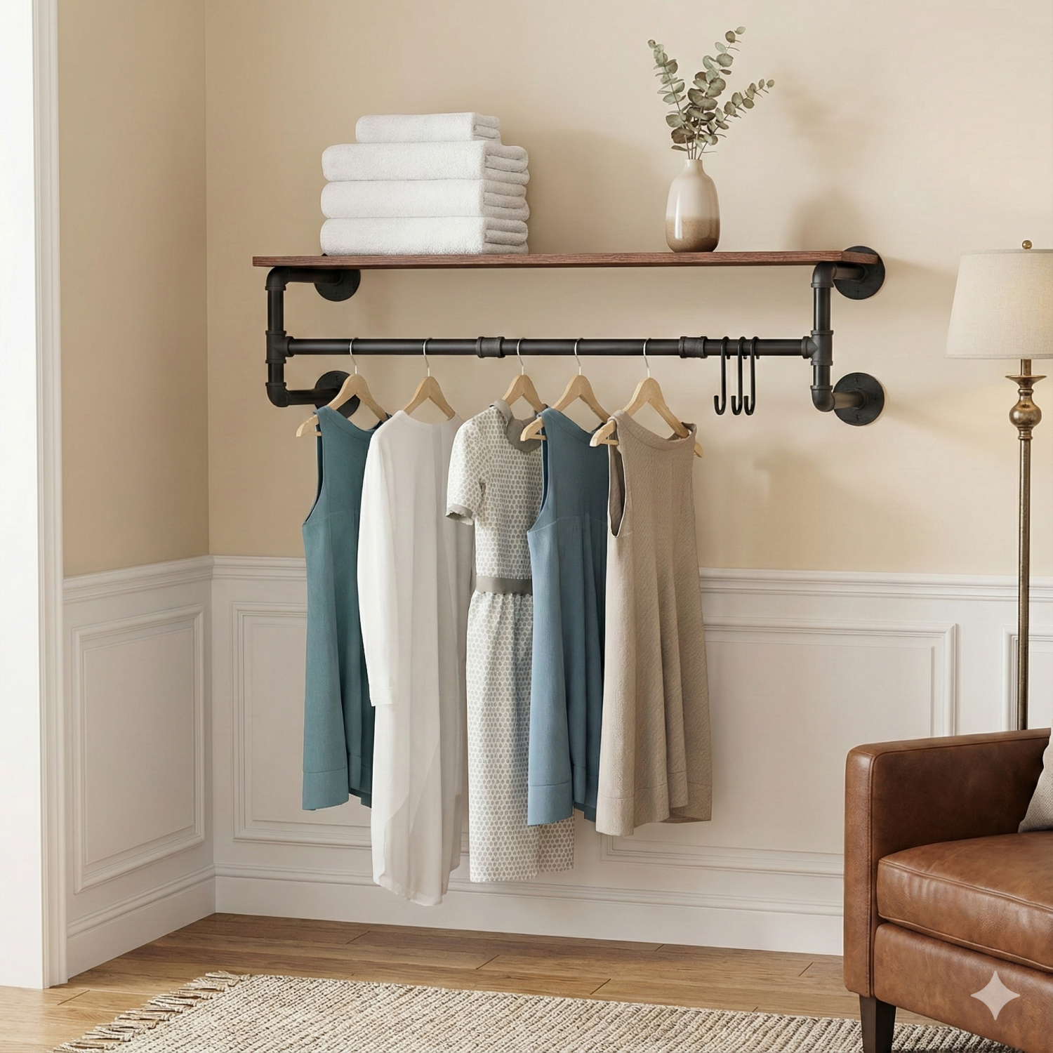 Metal Pipe Garment Rack w/ Wood Shelf Wall Clothing Rack Hanging Rail