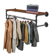 Metal Pipe Garment Rack w/ Wood Shelf Wall Clothing Rack Hanging Rail