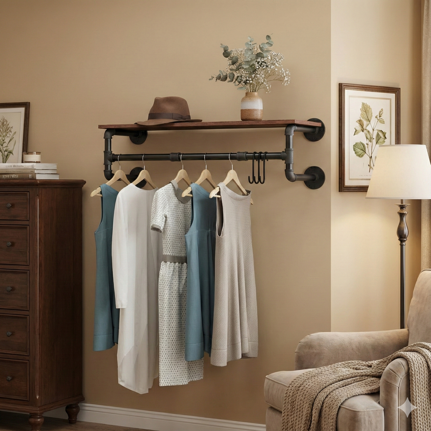 Metal Pipe Garment Rack w/ Wood Shelf Wall Clothing Rack Hanging Rail