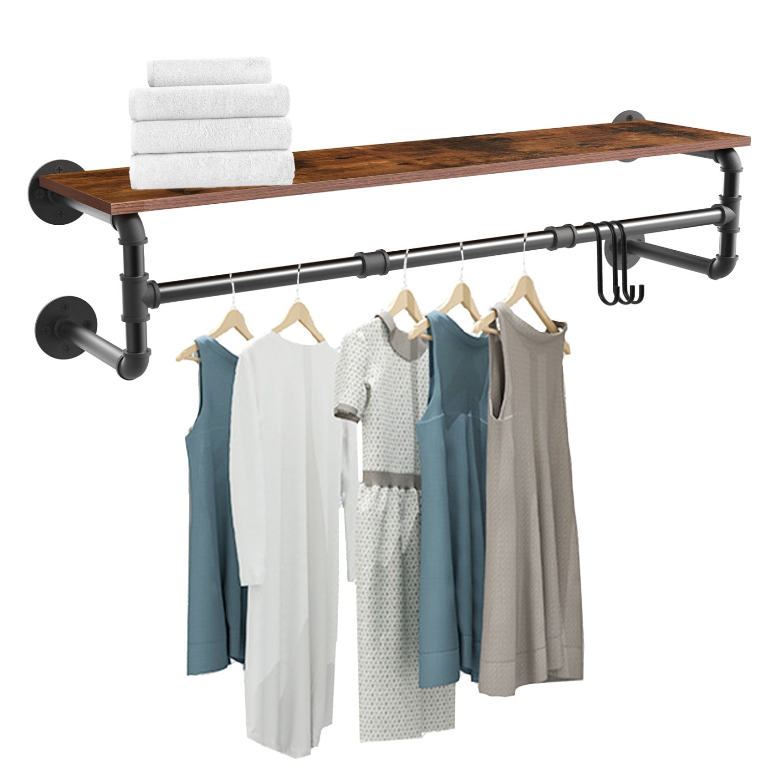 Metal Pipe Garment Rack w/ Wood Shelf Wall Clothing Rack Hanging Rail