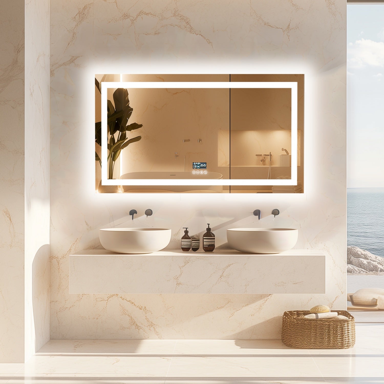 Rectangular LED Bathroom Mirror with Bluetooth Speaker Date and Time