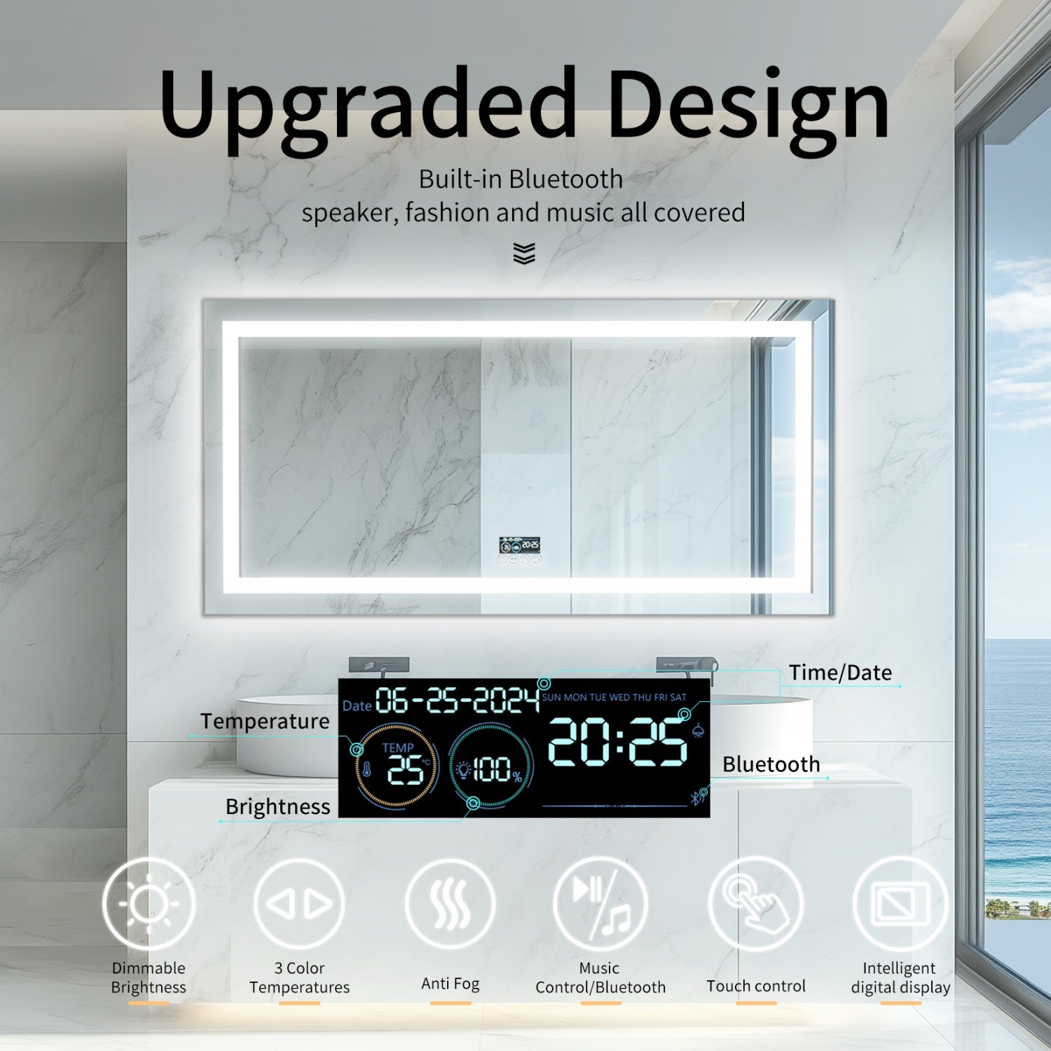 Rectangular LED Bathroom Mirror with Bluetooth Speaker Date and Time