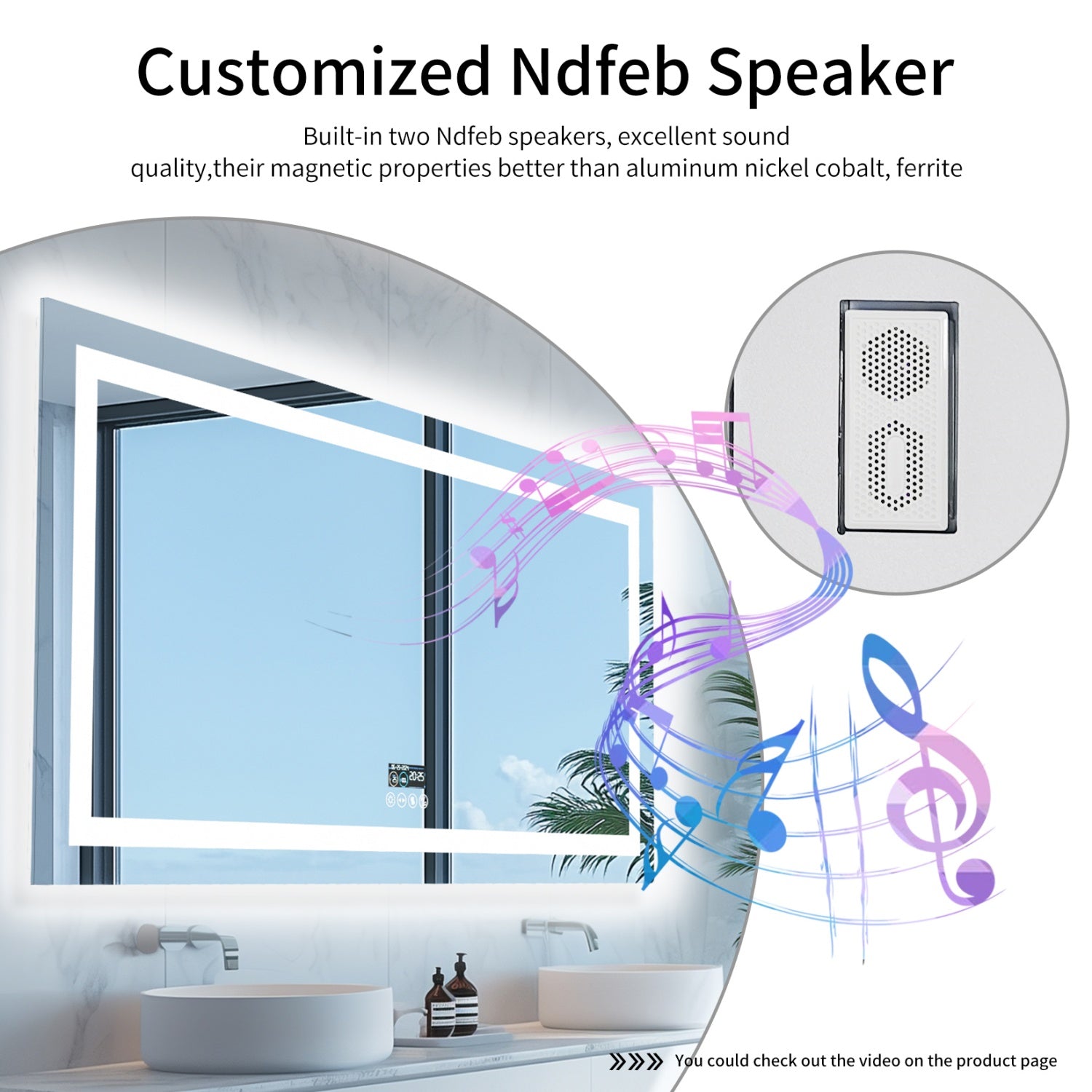 Rectangular LED Bathroom Mirror with Bluetooth Speaker Date and Time
