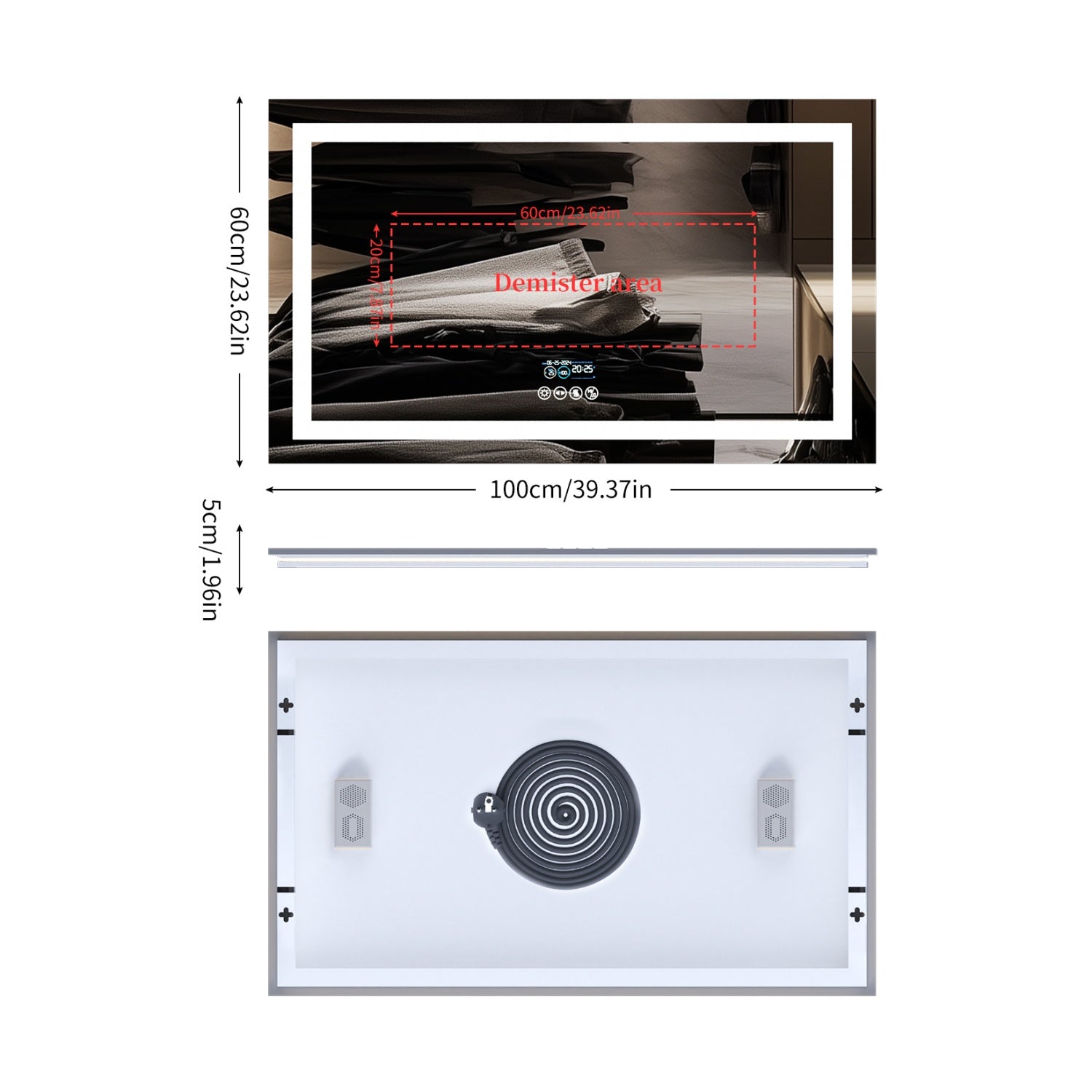Rectangular LED Bathroom Mirror with Bluetooth Speaker Date and Time