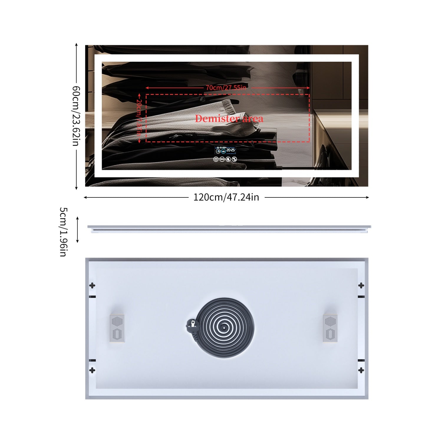 Rectangular LED Bathroom Mirror with Bluetooth Speaker Date and Time