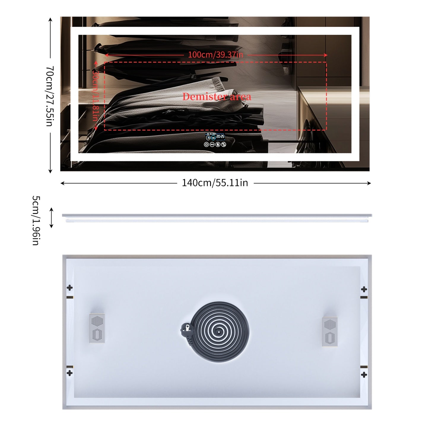 Rectangular LED Bathroom Mirror with Bluetooth Speaker Date and Time