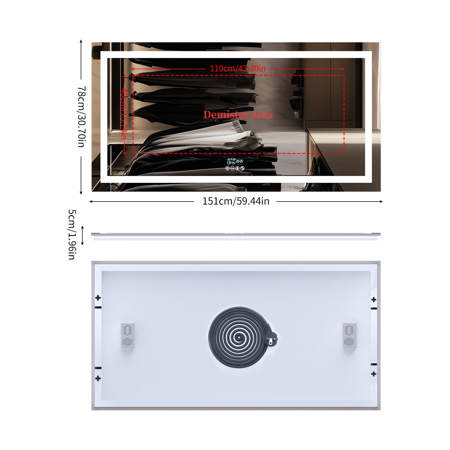 Rectangular LED Bathroom Mirror with Bluetooth Speaker Date and Time