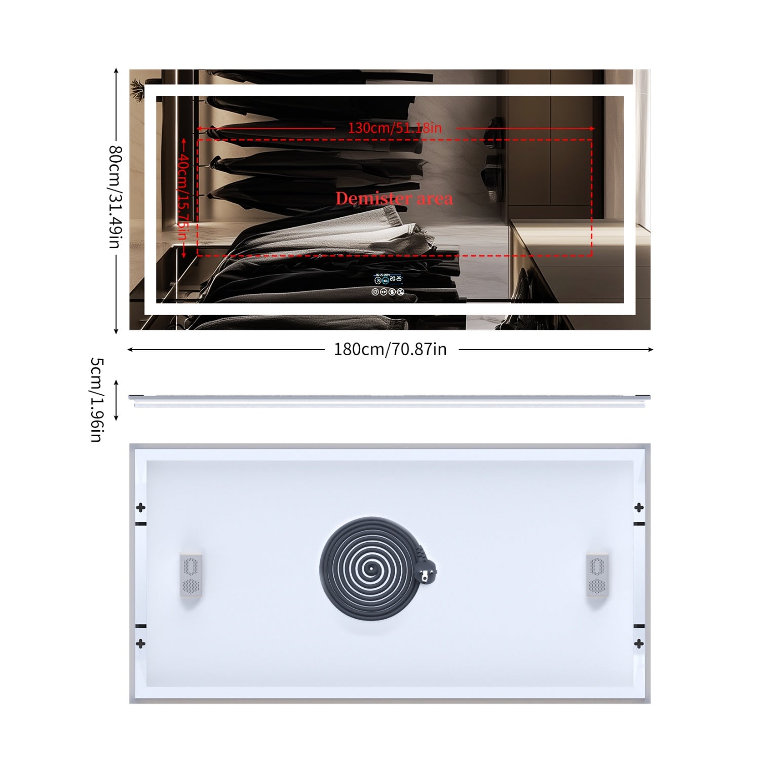 Rectangular LED Bathroom Mirror with Bluetooth Speaker Date and Time