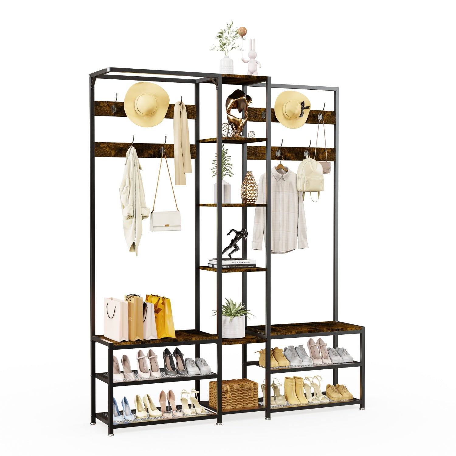Entryway Hall Tree with Shoe Bench Corner Coat Rack Stand for Hallway