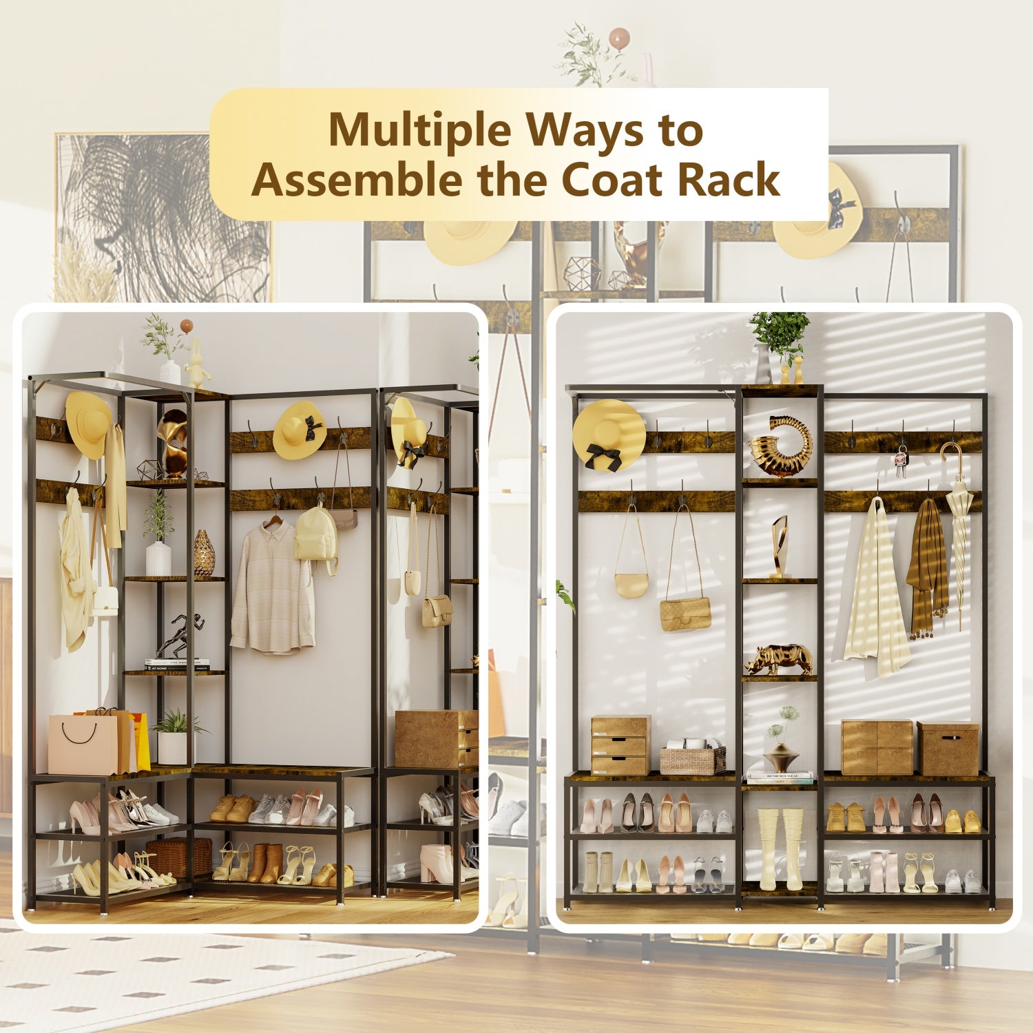 Entryway Hall Tree with Shoe Bench Corner Coat Rack Stand for Hallway