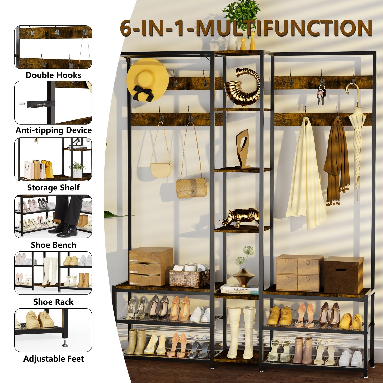 Entryway Hall Tree with Shoe Bench Corner Coat Rack Stand for Hallway