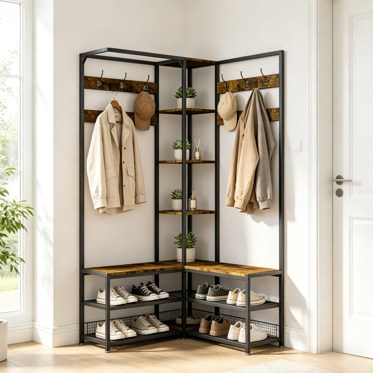 Entryway Hall Tree with Shoe Bench Corner Coat Rack Stand for Hallway