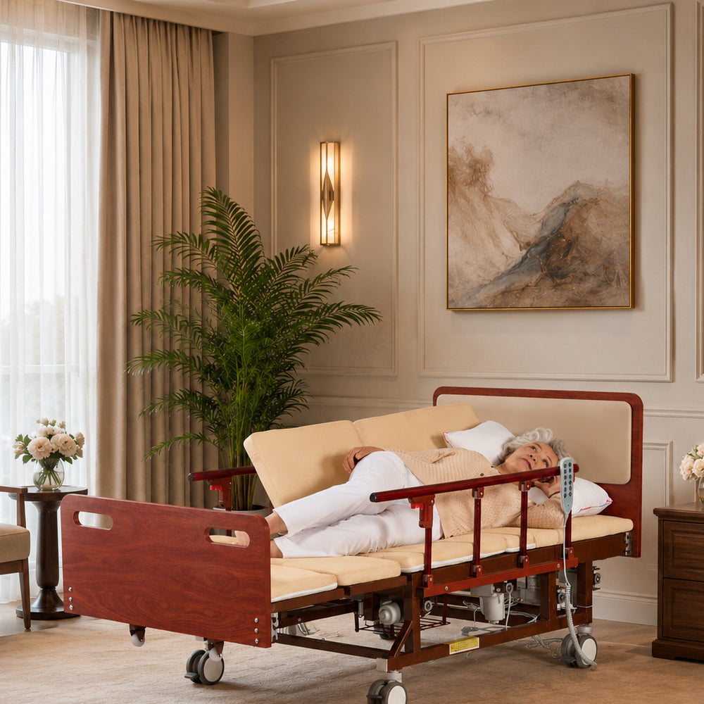 Adjustable Electric Bed for Senior with Nursing Mattress, Wood
