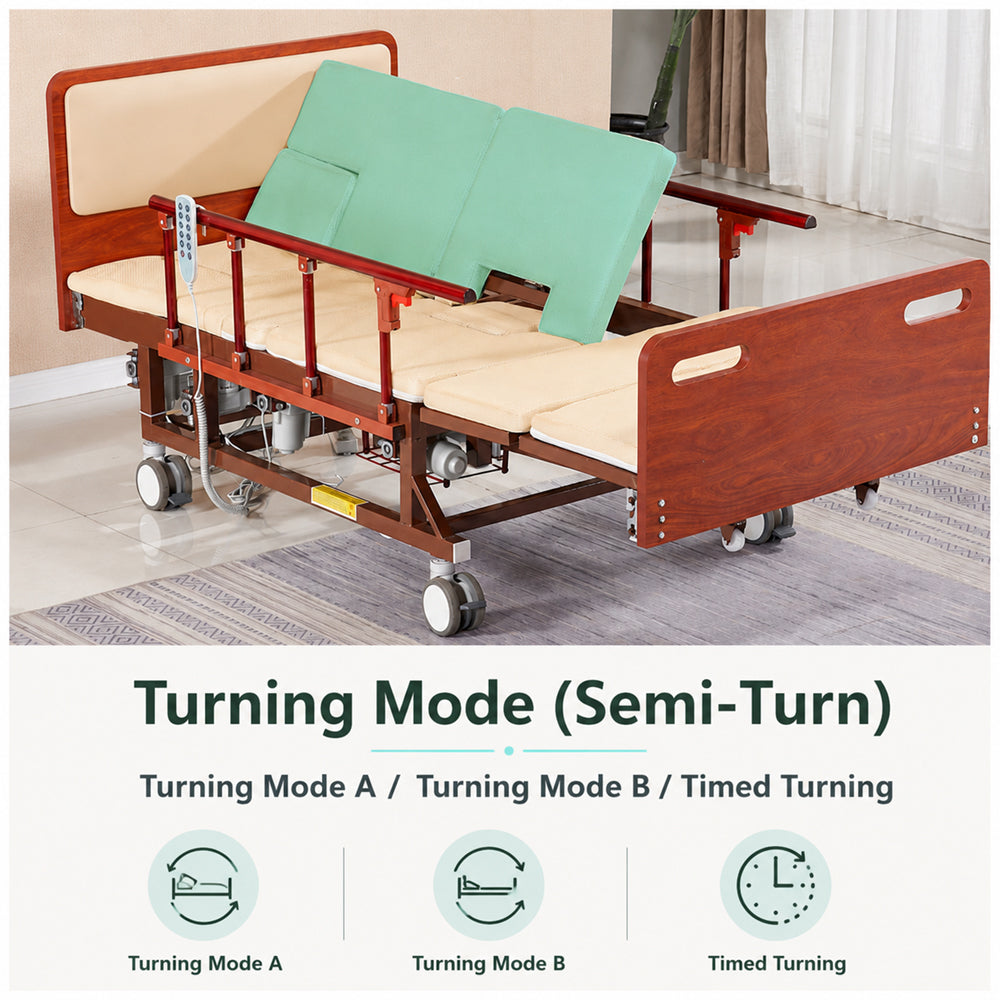 Adjustable Electric Bed for Elderly with Nursing Mattress, Wood