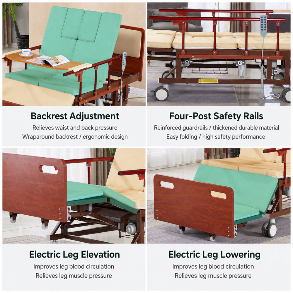 Adjustable Electric Bed for Elderly with Nursing Mattress, Wood