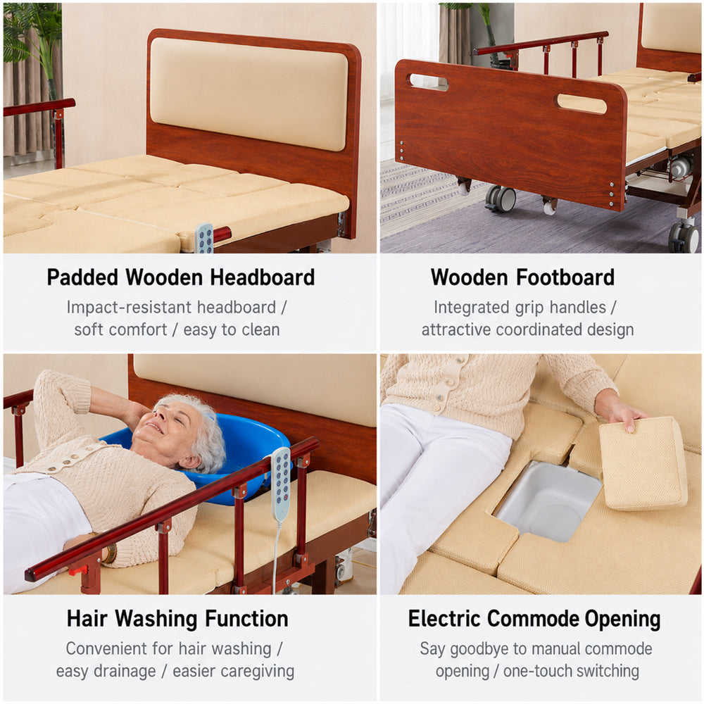 Adjustable Electric Bed for Elderly with Nursing Mattress, Wood