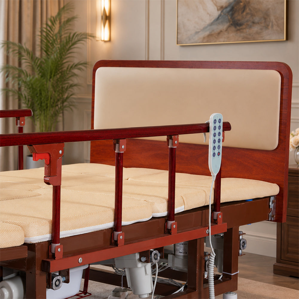 Adjustable Electric Bed for Elderly with Nursing Mattress, Wood